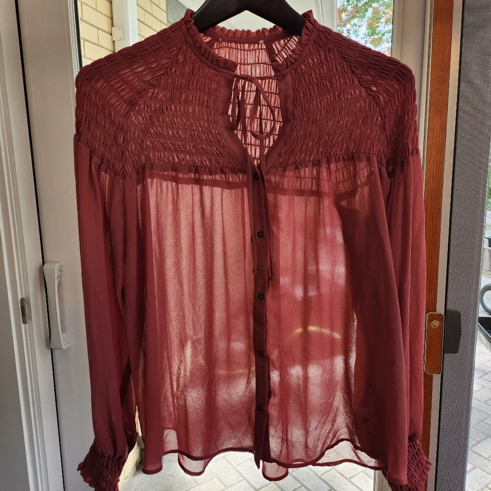 Pink Long Sleeve Mesh Blouse with Puffy Sleeves